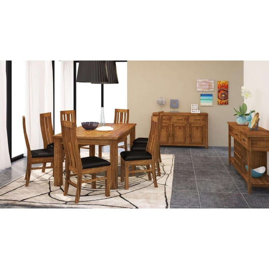 Solid Mountain Ash timber dining room set with Buffet Table, chairs, and drawers in a modern living room.