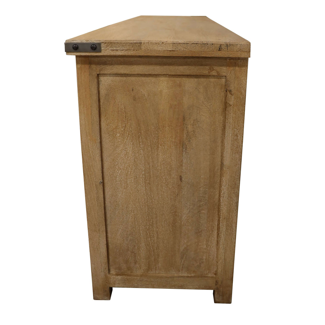 Side view of Gloriosa Buffet Table 180cm with solid mango timber wood in honey wash finish.