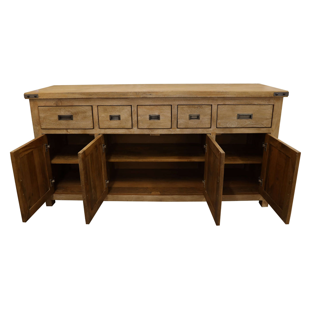 Gloriosa Buffet Table with 4 Doors and 5 Drawers in Honey Wash, Solid Mango Timber, Open View of Storage Compartments and Drawers