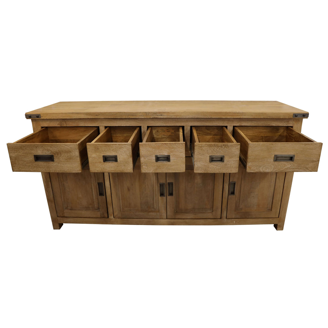 Gloriosa Buffet Table 180cm with 5 open drawers and 4 doors in solid mango timber wood with honey wash finish.