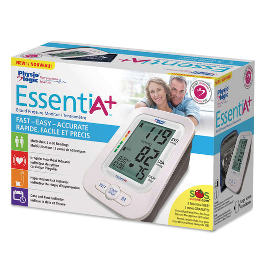 EssentiA+ blood pressure monitor packaging, easy-read display, multi-user feature, affordable quality health device.