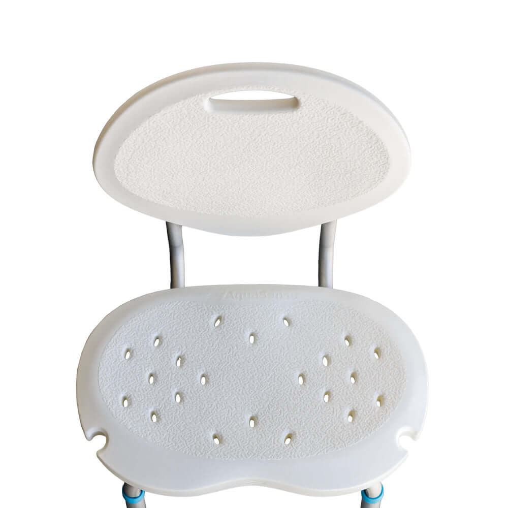 Affordable adjustable shower chair with contoured backrest and textured seat for safety and comfort.