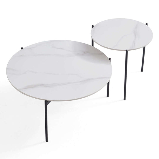 Bianco Nested Coffee Table Set with white marble stone tops and black steel legs, offering value furniture with affordable quality.