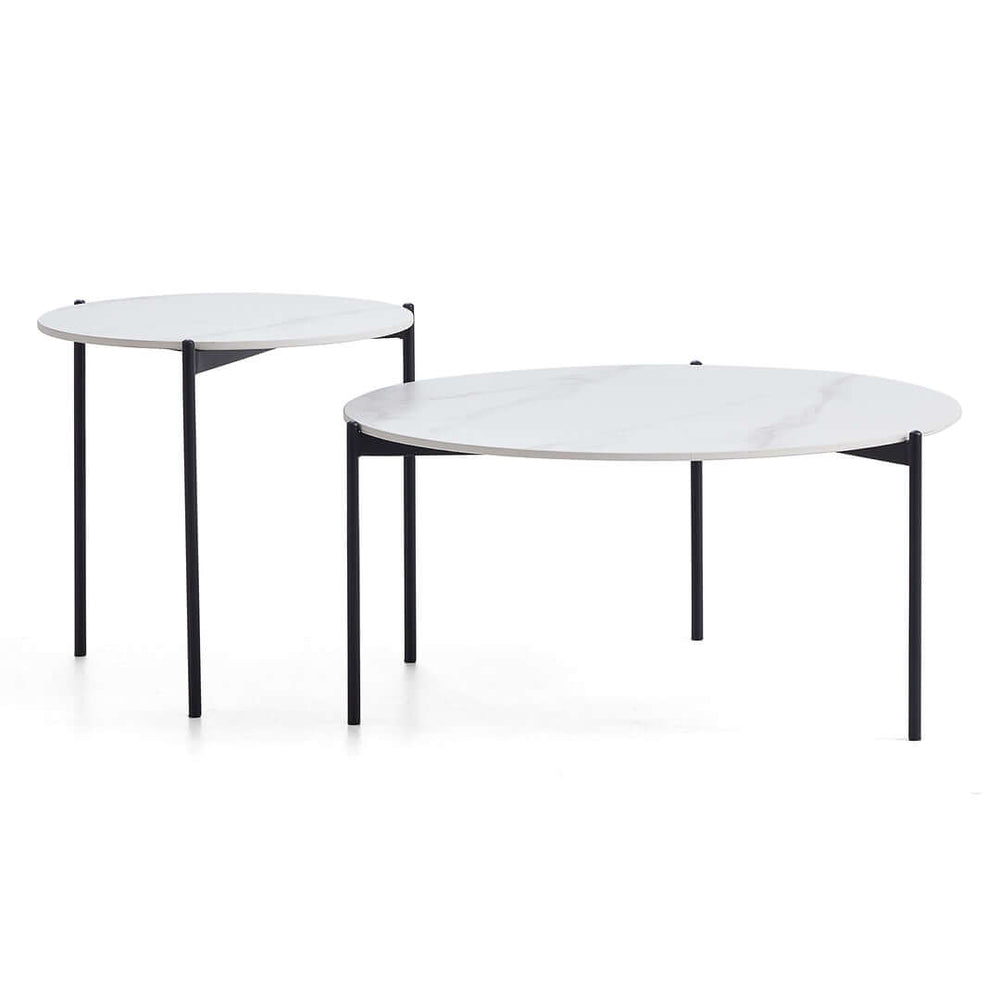 Bianco Nested Coffee Table Set by Interior Ave with white marble stone tops and black steel legs, offering affordable and quality value furniture.