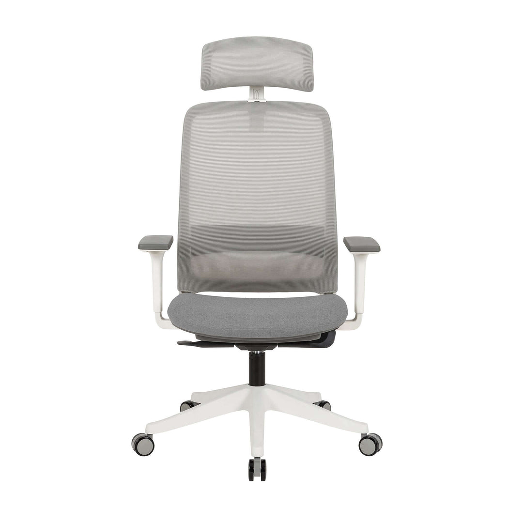 Affordable ergonomic grey office chair with molded foam seat, adjustable headrest, and sturdy design for quality comfort.