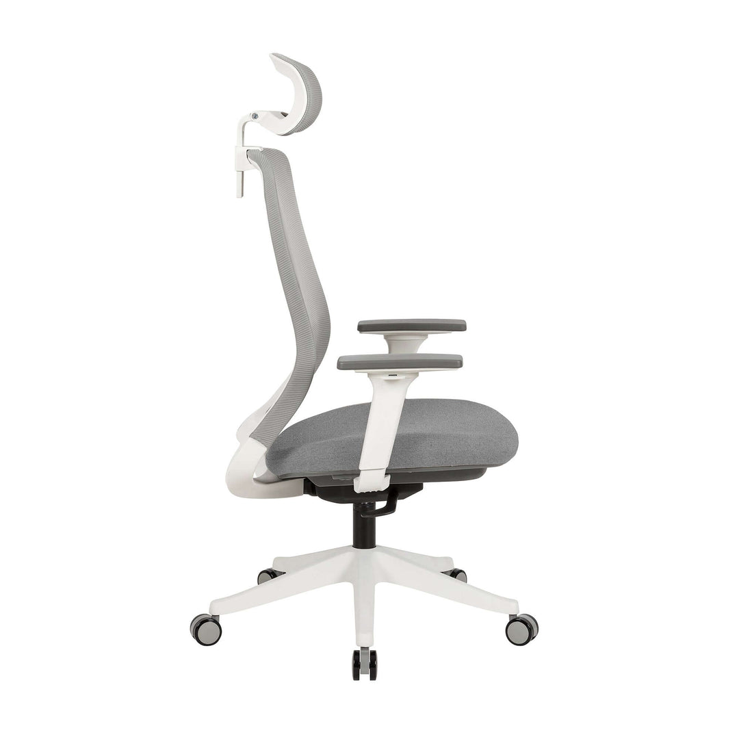 Affordable ergonomic grey office chair with adjustable headrest and 2D armrests for quality comfort and support.