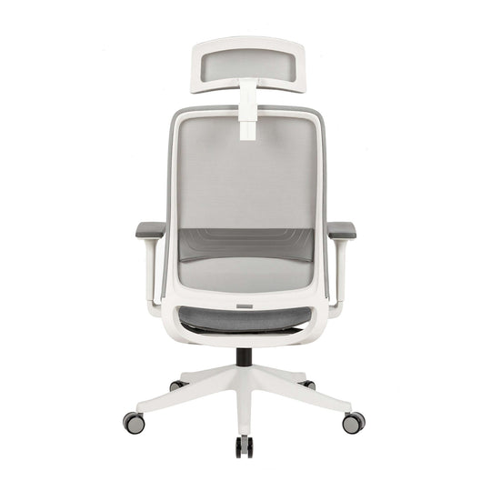 Affordable ergonomic office chair with molded foam seat and adjustable headrest in grey, featuring a polypropylene frame.