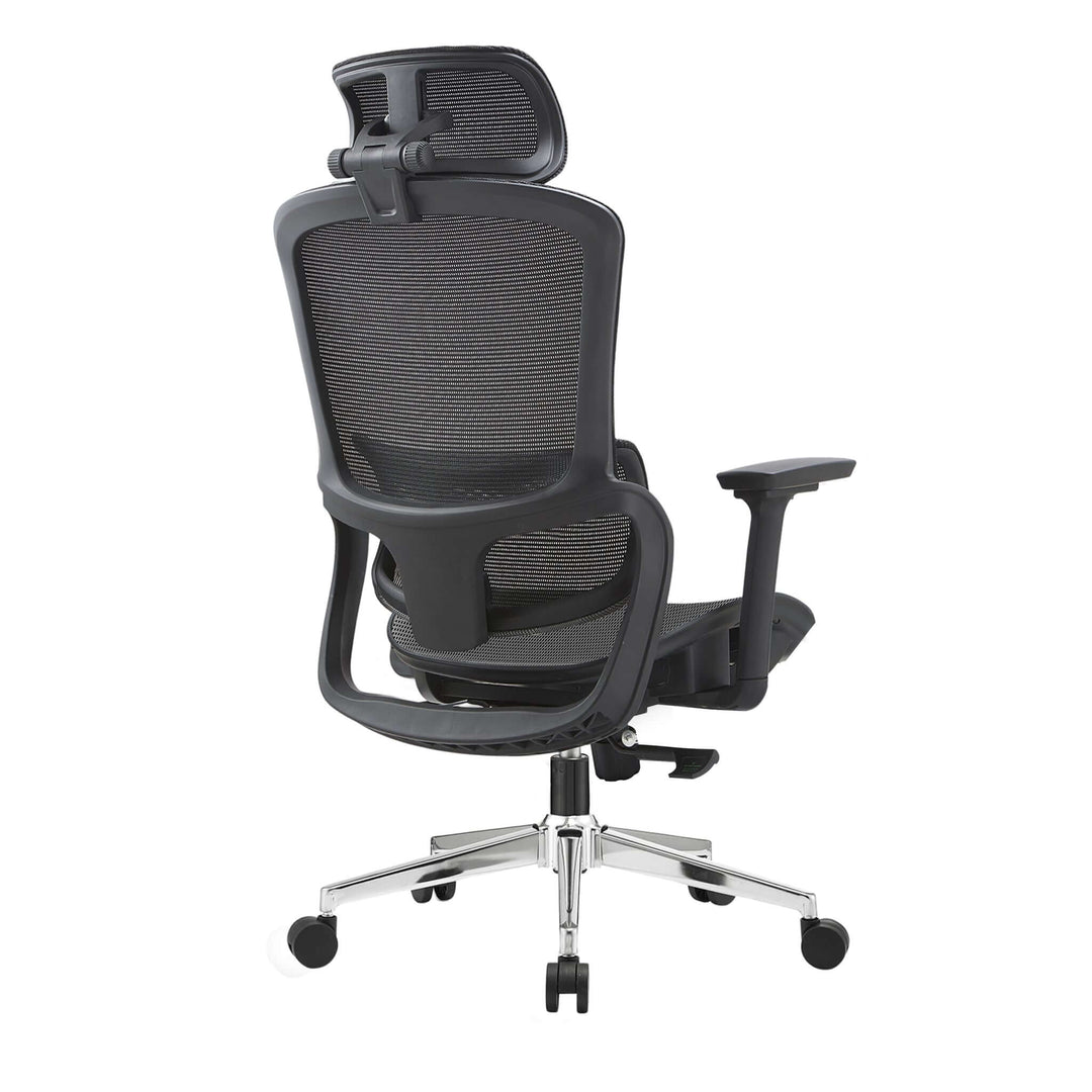 Back view of Elena High Back Full Mesh Ergonomic Office Chair in Black showcasing adjustable headrest and armrests.