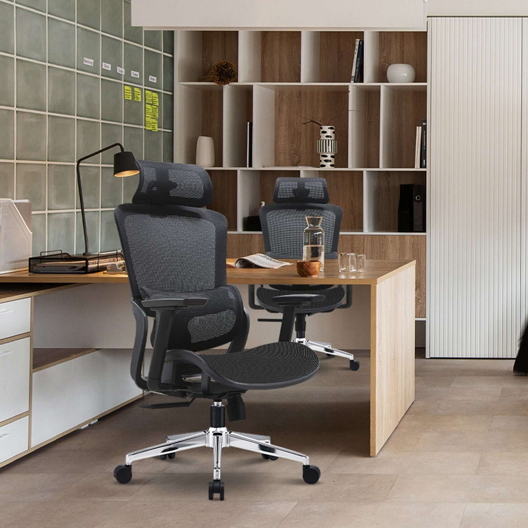 Office setting featuring the Elena High Back Mesh Ergonomic Chair in black, highlighting its stylish and functional design.