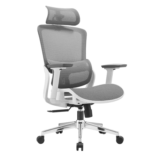 Affordable grey ergonomic office chair with 3D adjustable headrest and lumbar support for quality comfort.