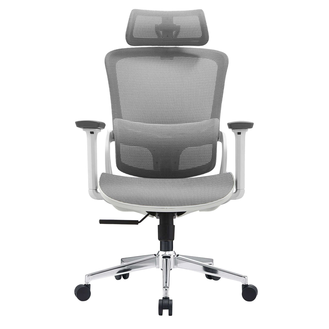 Affordable grey ergonomic office chair with mesh design, adjustable headrest, and 3D armrests for quality comfort.