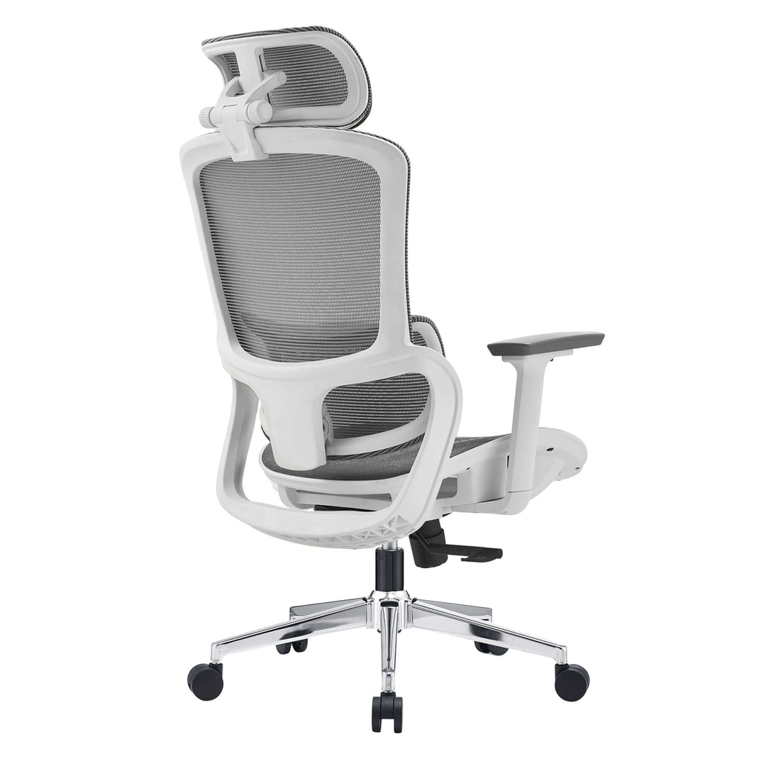 Ergonomic Elena High Back Full Mesh Office Chair in Grey with adjustable headrest and armrests, stainless steel base.