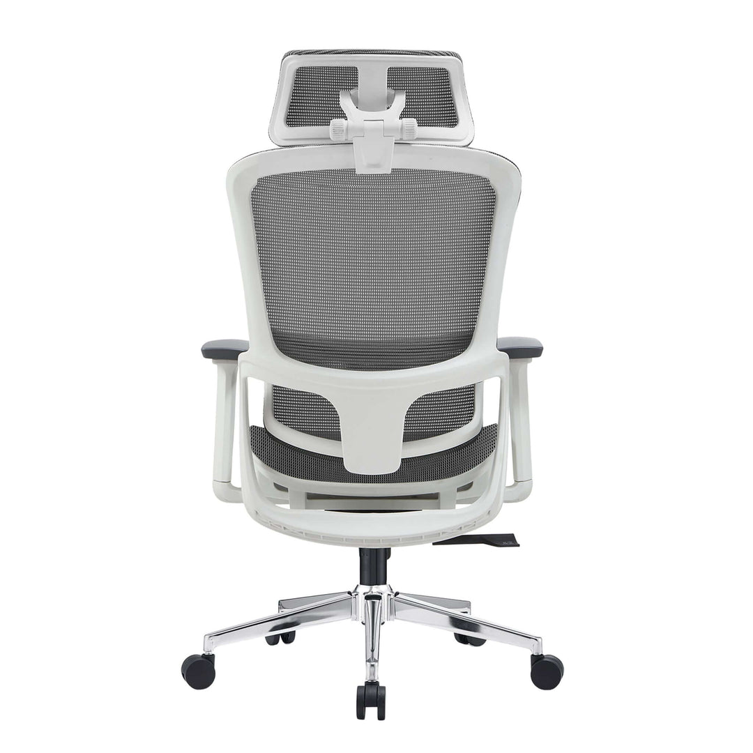 Ergonomic grey mesh office chair with adjustable headrest and armrests, showcasing a stainless steel base and modern design.