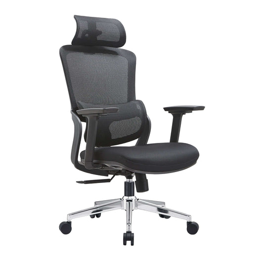 Affordable black ergonomic office chair with adjustable headrest and armrests, featuring a stainless steel base and mesh upholstery.