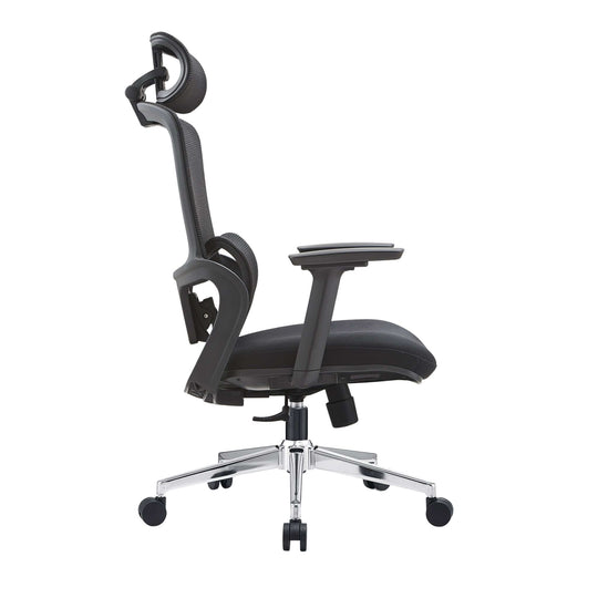 Ergonomic black office chair with 3D adjustable headrest and armrests, showcasing its stylish design and quality features.