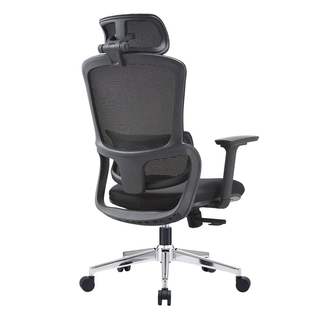 Affordable ergonomic office chair in black with adjustable headrest and lumbar support, featuring a stainless steel base.