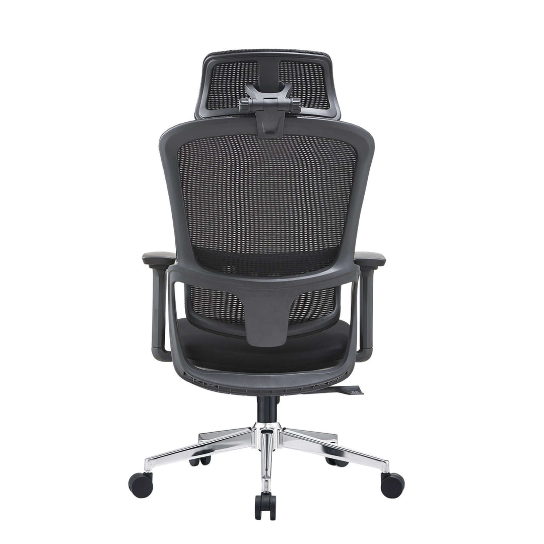 Black ergonomic office chair with adjustable headrest and lumbar support, featuring a stainless steel base and mesh back.