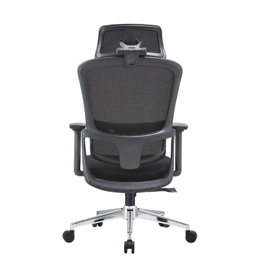 Black ergonomic office chair with adjustable headrest and lumbar support, featuring a stainless steel base and mesh back.