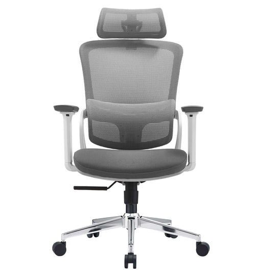 Ergonomic grey office chair with 3D adjustable headrest and armrests, stainless steel base, and commercial grade mesh upholstery.