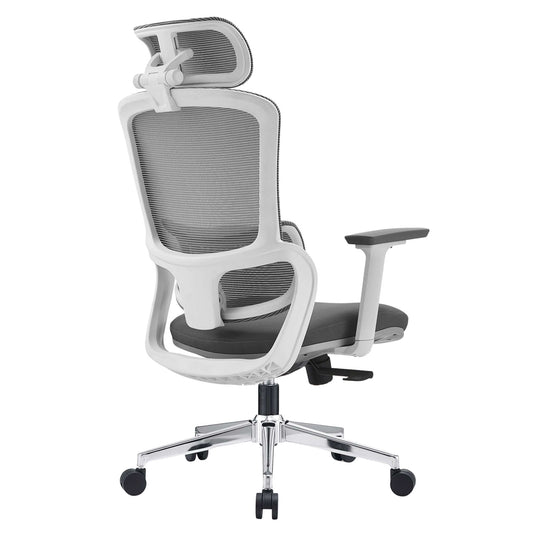 Ergonomic grey office chair with 3D adjustable headrest and armrests, featuring a stainless steel base and mesh back.