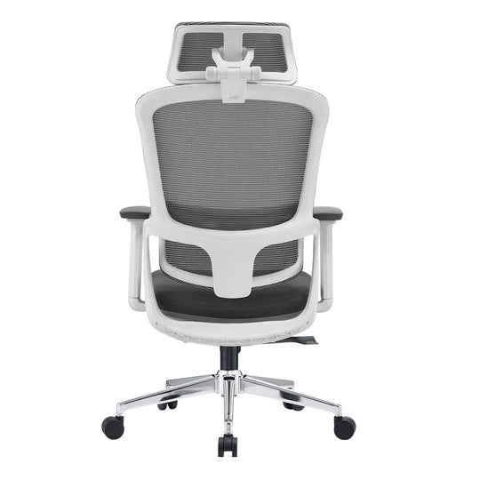 Back view of affordable grey ergonomic office chair with adjustable headrest and 3D armrests on a stainless steel base.