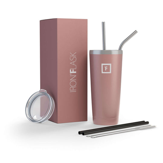 Iron Flask Classic Tumbler in Rose Gold with box and stainless steel straws. Affordable quality drinkware for everyday use.