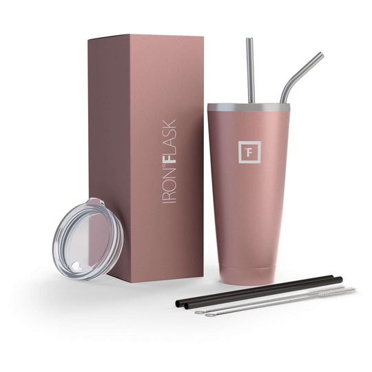 Iron Flask Classic Tumbler in Rose Gold with box, straw, lid, and cleaning brush - 32oz stainless steel drinkware.