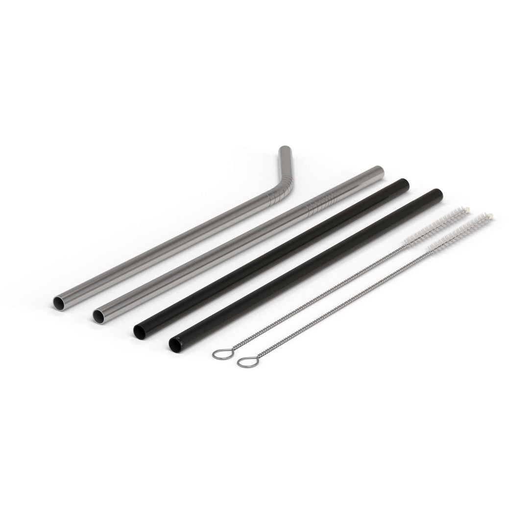 Set of reusable stainless steel straws in silver and black with cleaning brushes for eco-friendly drinking.