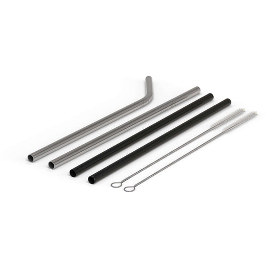 Set of reusable stainless steel straws in silver and black with cleaning brushes for eco-friendly drinking.