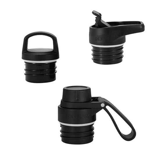 Set of three black spout lids for Iron Flask bottles, showing different styles for versatile use.