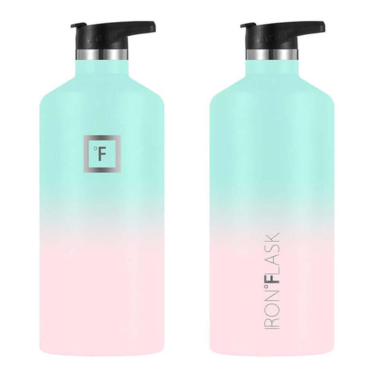 Iron Flask Bubble Gum 64oz bottle with spout lid, featuring a mint green and pink gradient design.