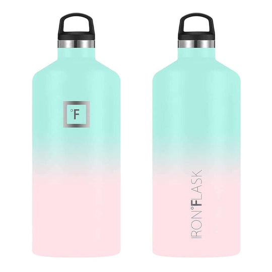 Iron Flask 64oz Bubble Gum Water Bottle with Spout Lid in teal and pink ombre, affordable quality and stylish design.