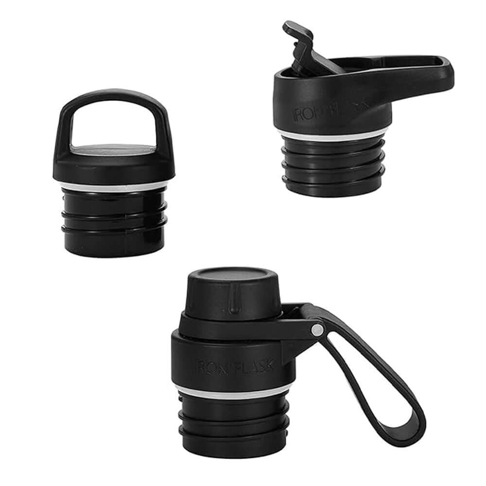 Iron Flask spout lid set featuring three black lids for versatile bottle use.