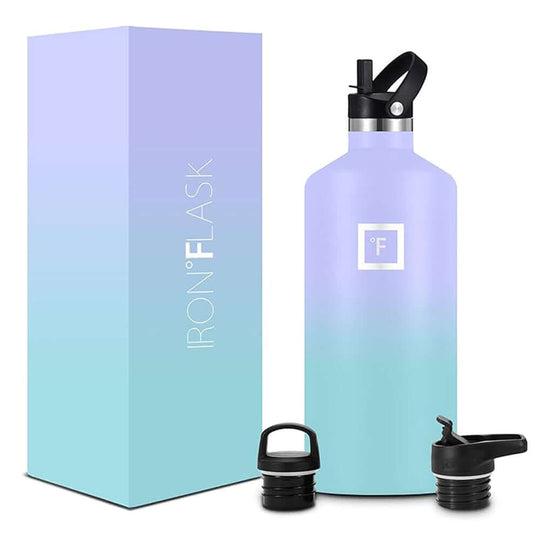 Iron Flask 64oz Narrow Mouth Bottle in Cotton Candy design with two lid options, affordable quality hydration solution.