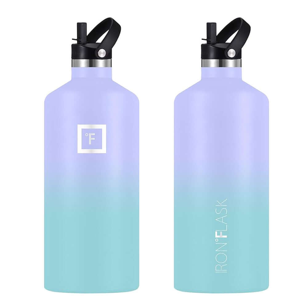 Iron Flask 64 oz narrow mouth water bottle in gradient cotton candy colors with straw lid, affordable and quality design.