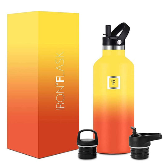 Iron Flask Narrow Mouth Bottle with Straw Lid, Fire color, includes multiple leak-proof lid options.