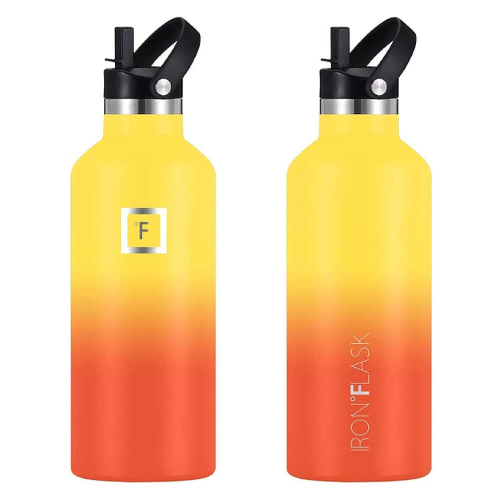 Iron Flask Narrow Mouth Bottle in vibrant orange and yellow gradient, 64oz with straw lid, affordable quality hydration solution.