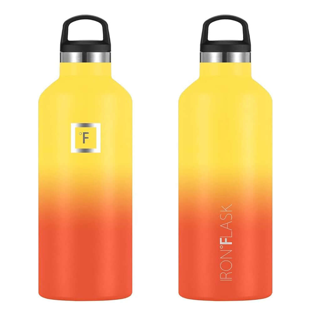 Iron Flask 64oz Narrow Mouth Bottle, Fire gradient design, durable, affordable, with straw lid, ideal for hydration.