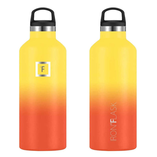 Iron Flask 64oz Narrow Mouth Bottle, Fire gradient design, durable, affordable, with straw lid, ideal for hydration.