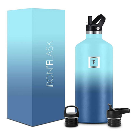 Iron Flask narrow mouth bottle in blue waves with two lid options, featuring an affordable and quality design.