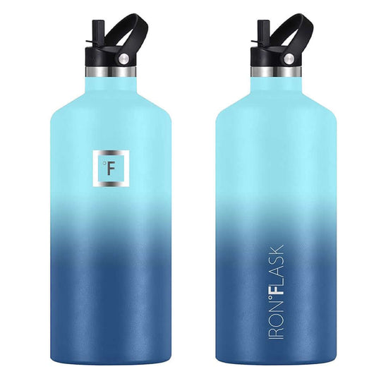 Iron Flask 64oz narrow mouth bottle in Blue Waves, featuring straw lid, durable and affordable water bottle for outdoor adventures.