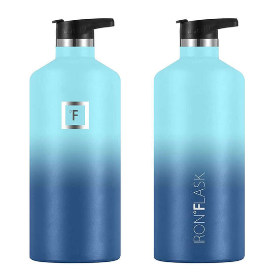 Iron Flask blue waves narrow mouth water bottle with straw lid, 64oz, affordable quality drink container.