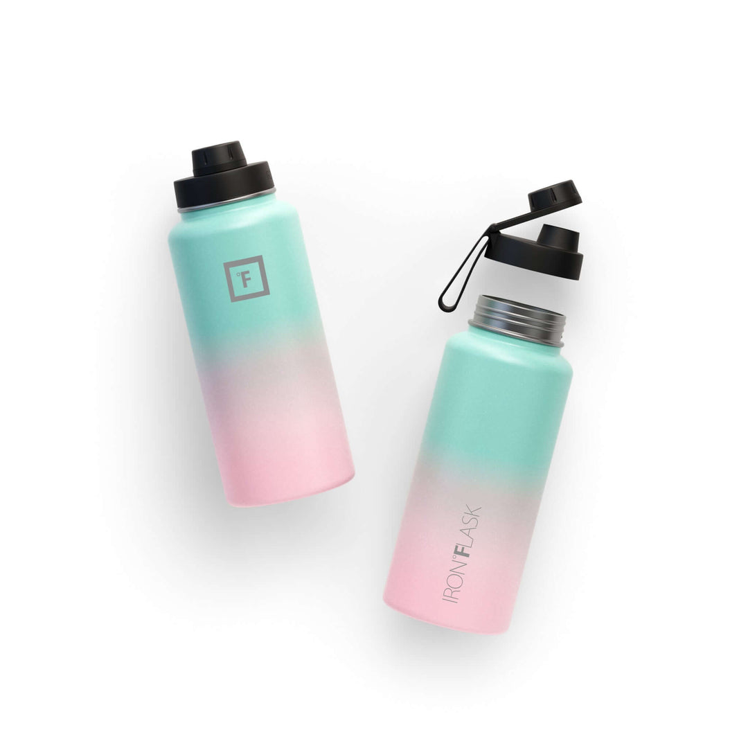 Iron Flask wide mouth bottle in bubble gum colors with spout lid, perfect for affordable DIY hydration.