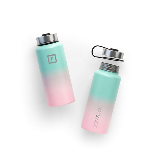 Iron Flask 32oz wide mouth bottle with spout lid in bubble gum color, featuring a stylish pink and mint gradient.