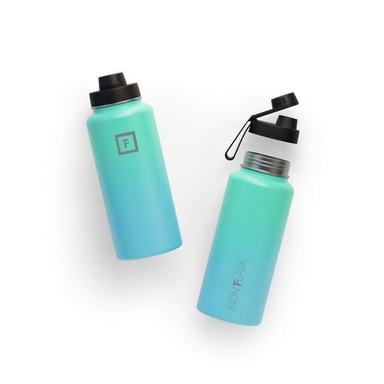 Iron Flask 32oz/950ml Wide Mouth Bottle in Sky color with spout lid, ideal for active lifestyles, affordable quality water bottle.