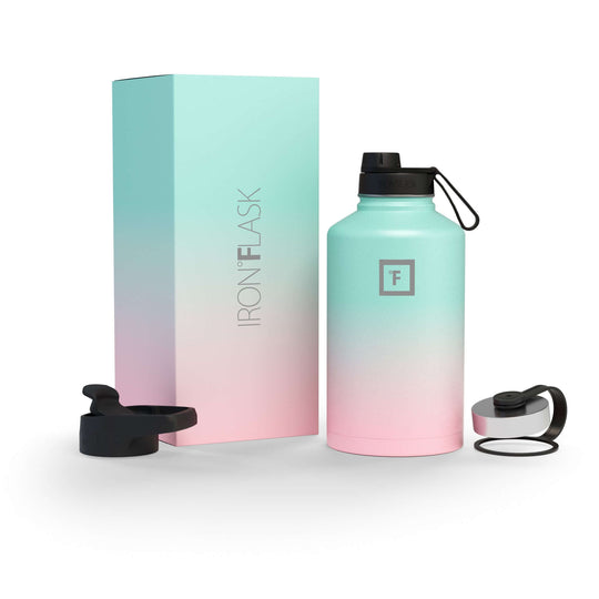 Iron Flask Bubble Gum 64oz water bottle with spout lid and box, stylish and durable for affordable hydration.