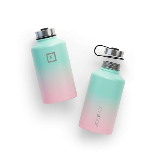 Iron Flask Wide Mouth Bottle in Bubble Gum color, 64oz, double-walled, vacuum-insulated stainless steel design.