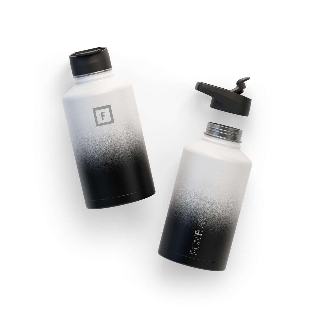 Iron Flask Wide Mouth Bottle with Spout Lid in black and white gradient, 64oz/1900ml, perfect for active lifestyles.