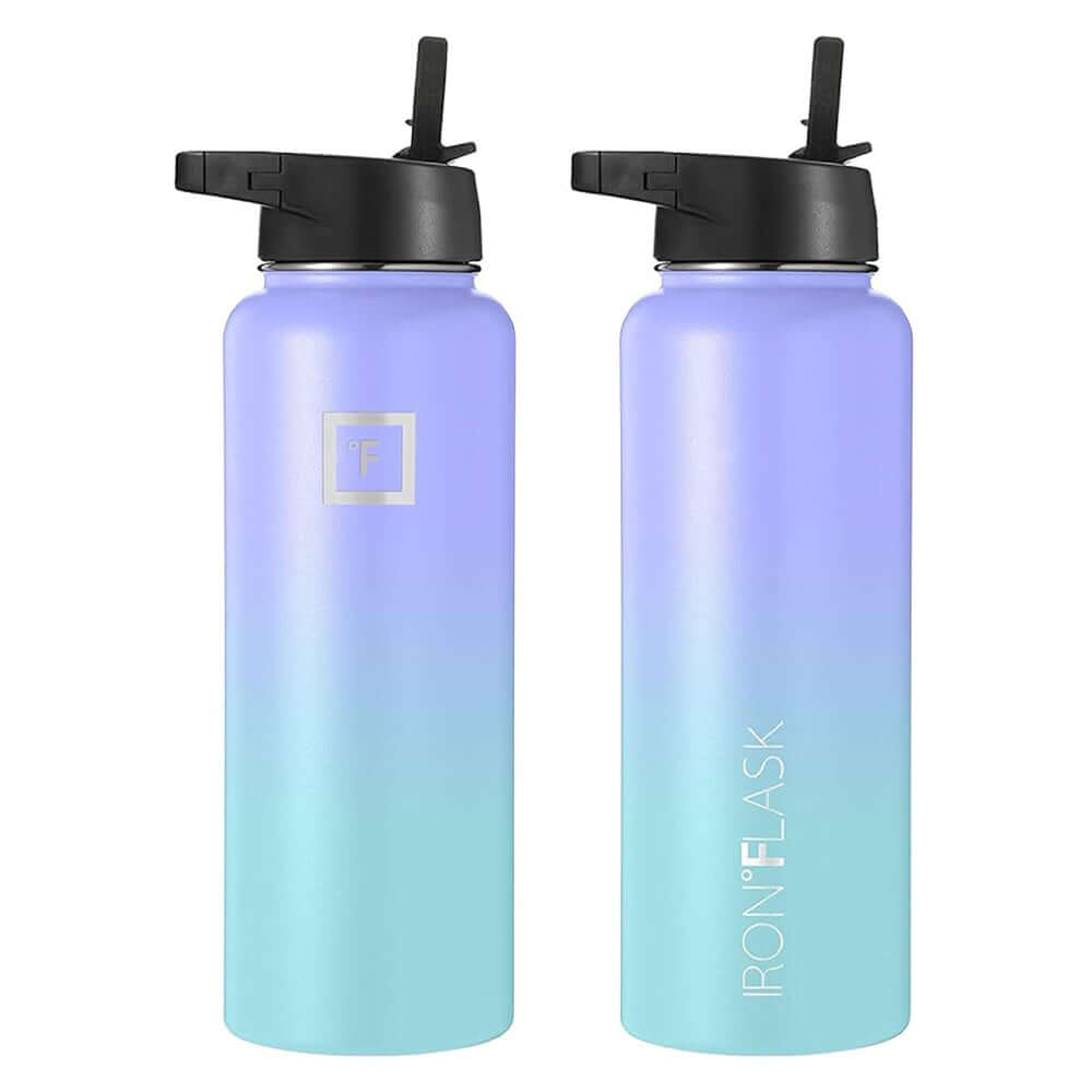 Iron Flask 40oz wide mouth stainless steel bottle, cotton candy color, with straw lid, affordable and quality design.