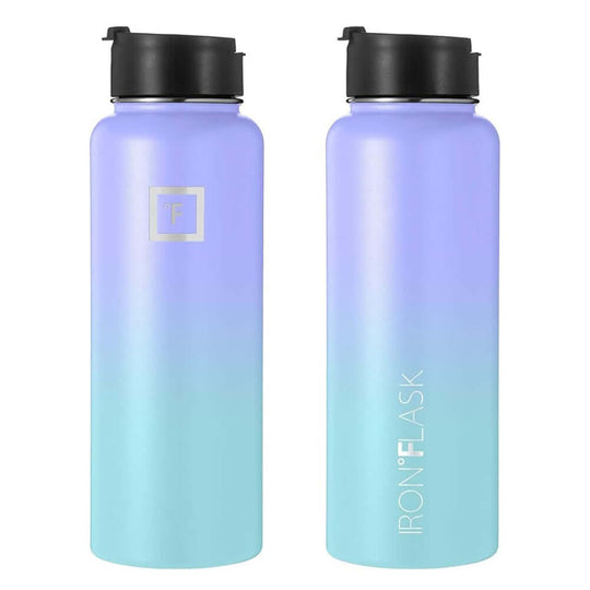 Iron Flask Wide Mouth Bottle in Cotton Candy gradient, 40oz, with straw lid, ideal for hot or cold beverages.